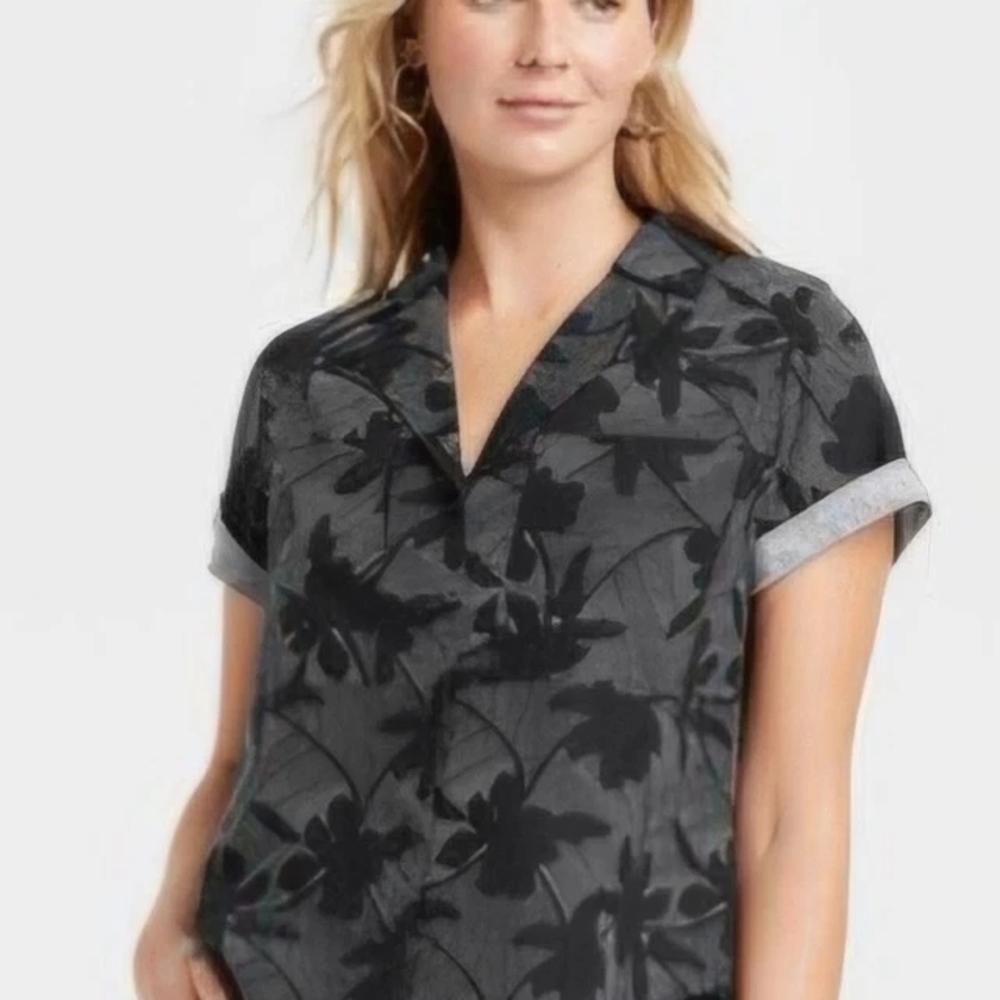 Universal Thread Womans NWT Black Short Sleeve Button Up Linen Blend Top MEDIUM